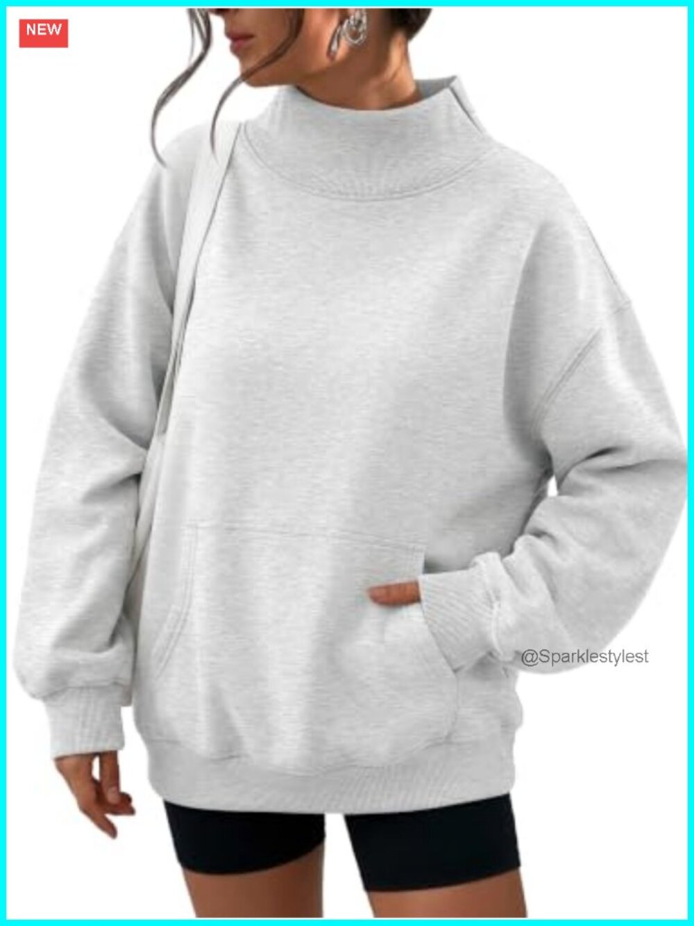 Oversized Fleece Mock Neck Sweatshirt with Kangaroo Pocket